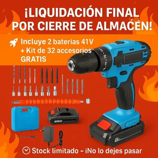 Taladro Inalámbrico con 2 baterías + 🎁 32 accesorios GRATIS (LIQUIDACIÓN POR CIERRE)