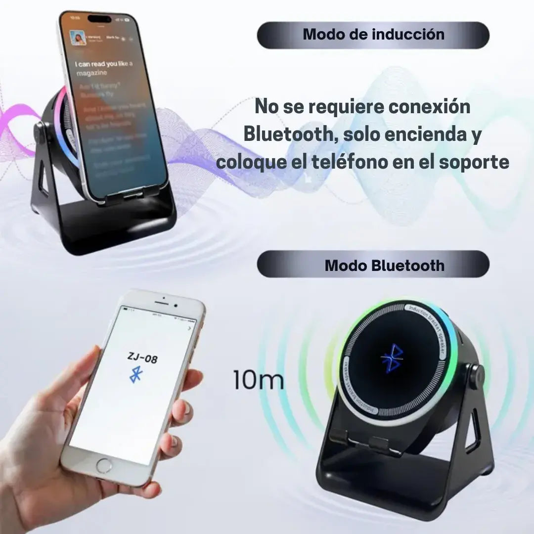 🎶📱 Altavoz inalámbrico por inducción 5 en 1 con soporte ajustable para teléfono