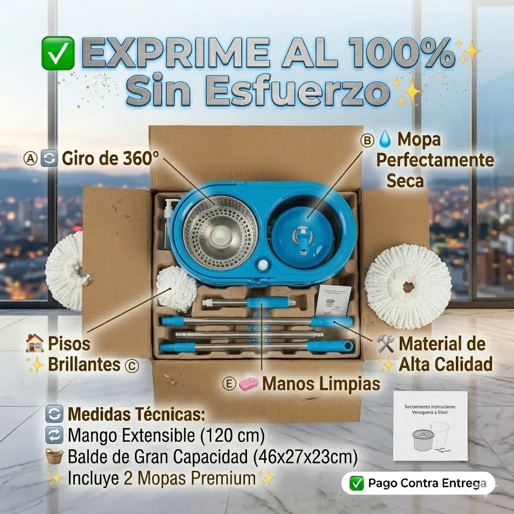 Trapeador Giratorio multifuncional + 🎁 2 mopas gratis